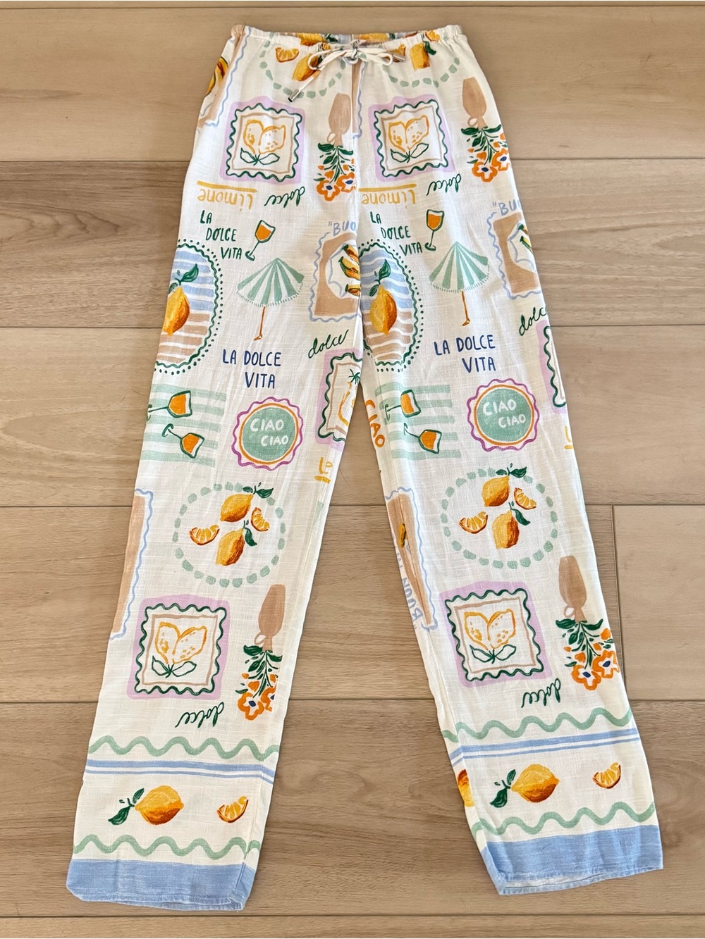 Label of Love Ciao Bella Lemon Print Wide Leg Linen Blend Pants Size Small - Picture 2 of 8